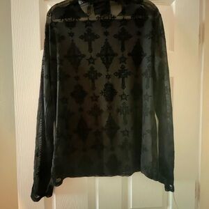 Black Sheer Long Sleeve Blouse with Cross Pattern